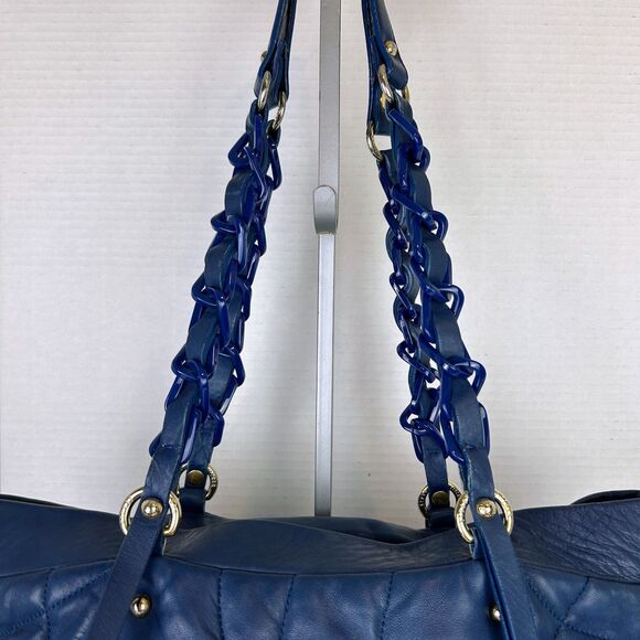 Stuart Weitzman Blue Quilted Shoulder Bag Tote Chain Strap Studded Leather Purse - Picture 6 of 16